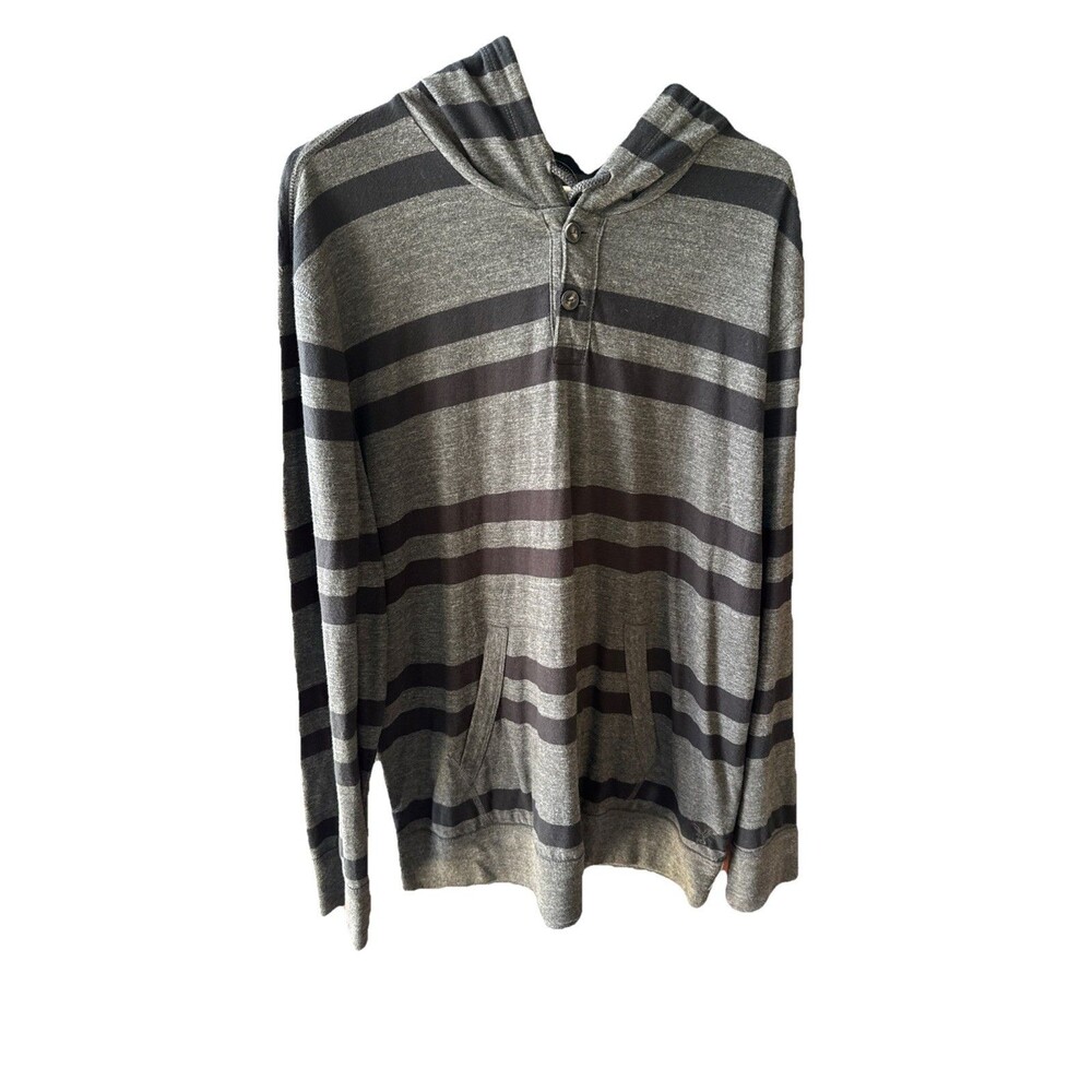 American Eagle Mens Athletic Fit Henley Hoodie Gray Black Striped‎ Large